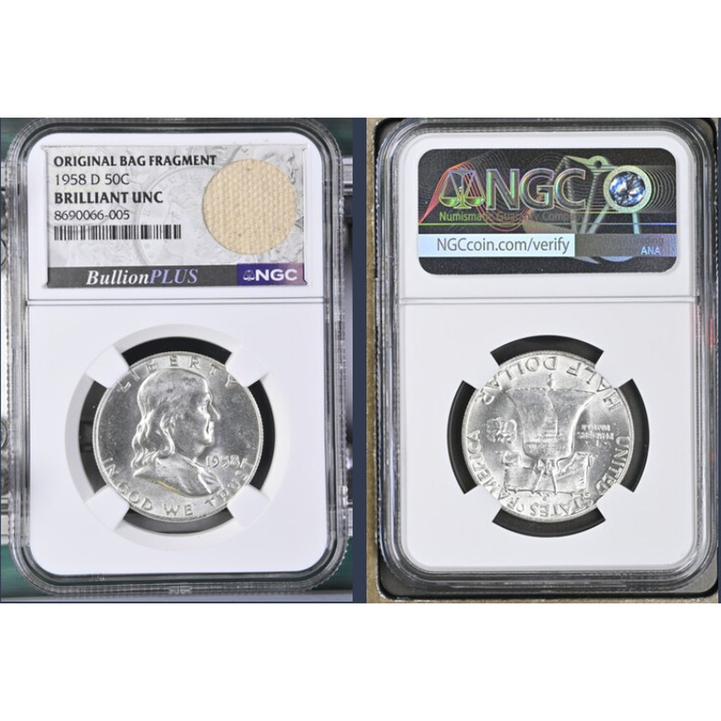 👀1958-D 50C Franklin Half Dollar Brilliant UNC NGC w/Org Bag Fragment #248
