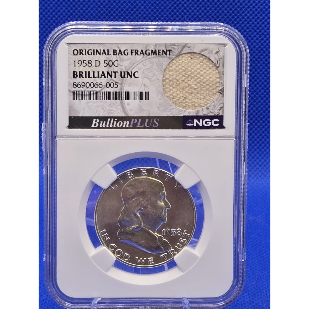 👀1958-D 50C Franklin Half Dollar Brilliant UNC NGC w/Org Bag Fragment #248