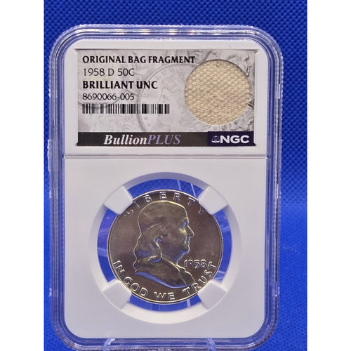 👀1958-D 50C Franklin Half Dollar Brilliant UNC NGC w/Org Bag Fragment #248